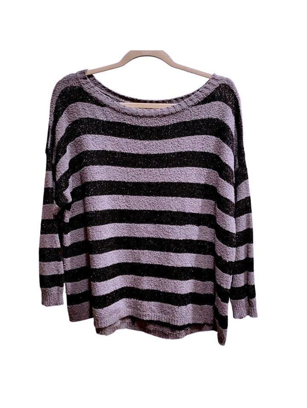 Anthropologie Joie Oversized Black Gray Striped Metallic Plush Boucle Sweater L